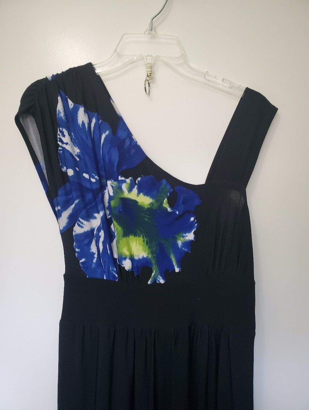 AB Studio Woman's Asymmetrical Shoulder Black W/Lg Blue Orchid Maxi Dress Sz S